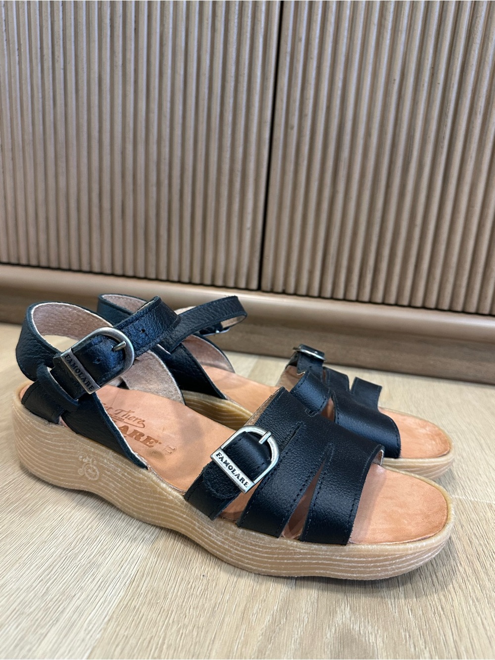 Famolare Get There platform sandals in the Coal colorway, Black Platform Buckl